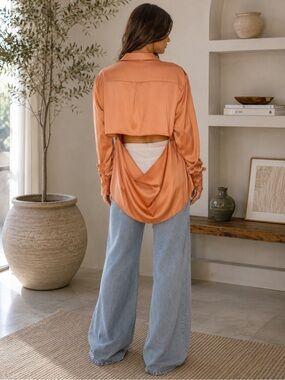 ShopEvelynne Rust Orange Draped Open-Back Satin Top